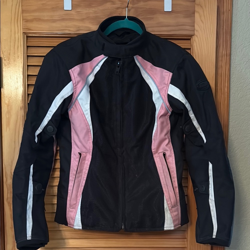 Black and Pink Bomber Motorcycle Jacket with Sporty Design